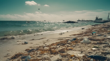 Ocean shore with plastic trash. Ecology. Waste processing.
