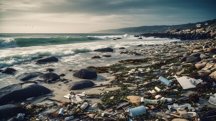 Ocean shore with plastic trash. Ecology. Waste processing.