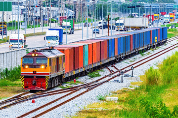 Naklejka premium Freight Train with Cargo Containers.