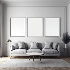 modern living room with sofa  mockup for 3 posters white walls and decoration 
