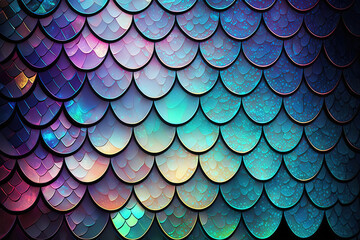 Holographic mermaid scales background. Neon light trendy design. Ai generative