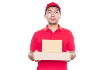 Asian delivery man in red shirt and cap standing with parcel post box. Concept Deliveryman.