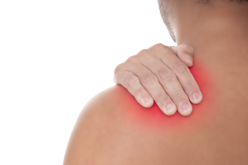 Asian man has shoulder pain. Office syndrome concept.