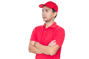 Asian Man in red shirt and cap standing with crossed arms. Concept Deliveryman.