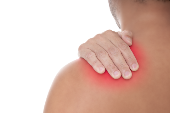 Asian man has shoulder pain. Office syndrome concept.