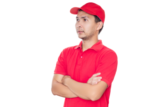 Asian Man in red shirt and cap standing with crossed arms. Concept Deliveryman. - Powered by Adobe