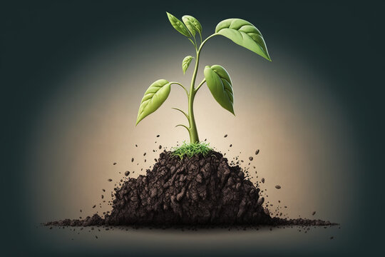 Green plant growing in good soil. Agriculture, organic gardening, planting or ecology concept. Generative illustration