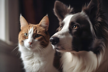 Naklejka na ściany i meble Adorable lovely dog with cat friends together, generative ai.