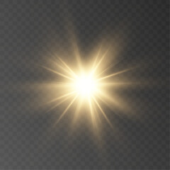 Glowing light explodes, light flash golden color. Beam of the shining sun. Special glare light effect. Bright flash.	
