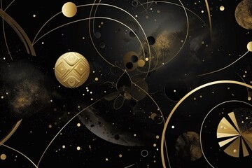 Arrière-plan cosmique abstrait avec feuille métallique dorée et incrustation de textures de marbre. Géométrie sacrée avec motif céleste, étoiles et planètes. fond d'écran galaxie