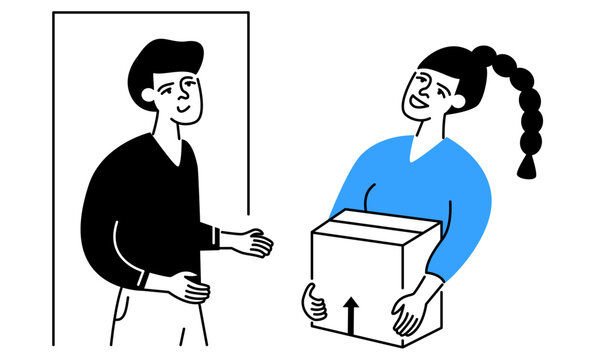 Man accepting delivery of parcel from woman flat vector illustration