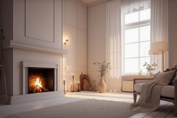Fototapeta premium Modern interior design of the living room with fireplace. Super photo realistic background, generative ai illustration