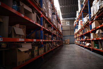 Obraz premium Warehouse or storage and shelves with cardboard boxes.