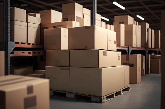 cardboard boxes abound in the inventory in the contemporary warehouse storage of the retail store, internet shopping concepts, online shopping, generative ai
