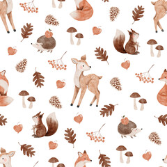 Autumn seamless pattern with deer, fox, hedgehog, squirrel, mashrooms, cones, rowan branch, physalis and leaves.