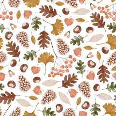 Autumn seamless pattern with cones, leaves, rowan branch, physalis and chestnuts.