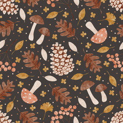 Autumn seamless pattern with mushrooms, cones, rowan branch and leaves.