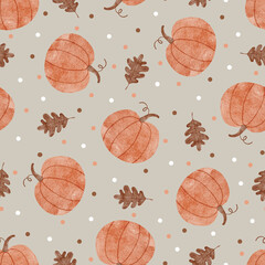 Autumn watercolor pattern with pumpkin and leaves.