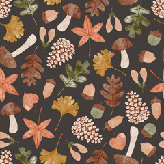 Autumn seamless pattern with leaves, mushroom, cones, acorns and physalis.