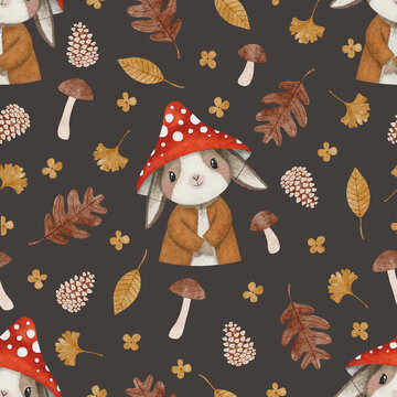 Autumn seamless pattern with bunny in mushroom hat, cones, leaves and mashrooms.