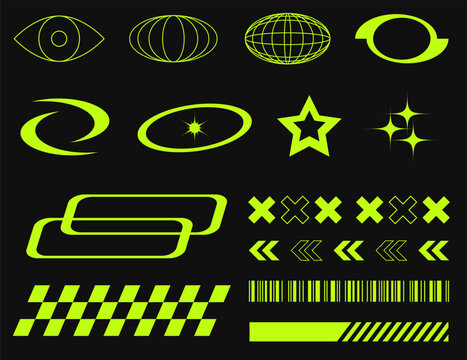 Green Retro Y2K elements. streetwear fashion design vector set, 