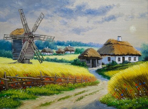 Oil paintings rural landscape with windmill in the background, windmill in the country