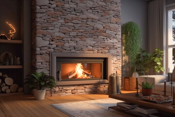 Naklejka premium Modern interior design of the living room with fireplace. Super photo realistic background, generative ai illustration