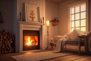 Modern interior design of the living room with fireplace. Super photo realistic background, generative ai illustration