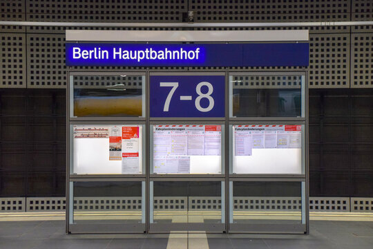 Berlin, Germany - MAR 26, 2023:  Day before the traffic strike.
Train at Berlin main railway station Hauptbahnhof Hbf in Germany.