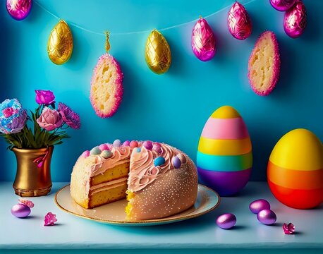 Cake with a piece missing sits on a table next to a decorative easter egg. Easter 