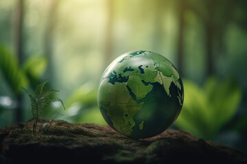 Obraz na płótnie Canvas a green globe sitting on top of a rock in a forest. generative ai
