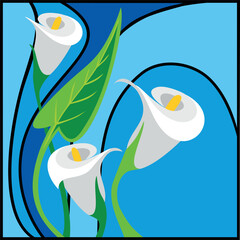 Białe kwiaty na witrażowym błękitnym tle. Trzy białe kalie i zielony liść na niebieskim tle. Kwadratowy witraż, ilustracja, rysunek wektorowy. Piękne rośliny ogrodowe, kwiaty doniczkowe