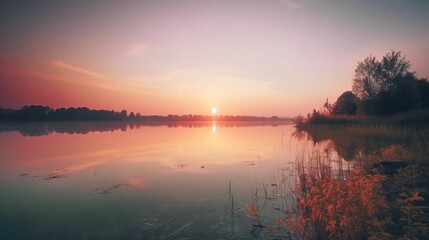  the sun is setting over a lake with reeds in the foreground. generative ai