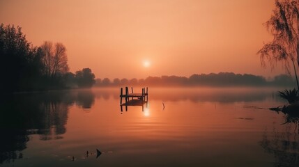 Fototapeta na wymiar the sun is setting over a lake with a boat in it. generative ai