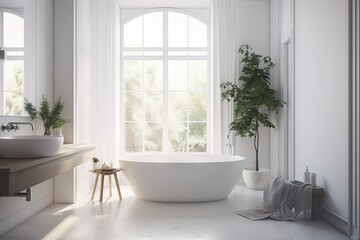Fototapeta na wymiar a bathroom with a large white bathtub next to a window. generative ai