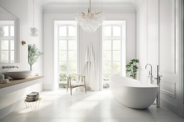 Fototapeta na wymiar a white bathroom with a large tub and a large window. generative ai