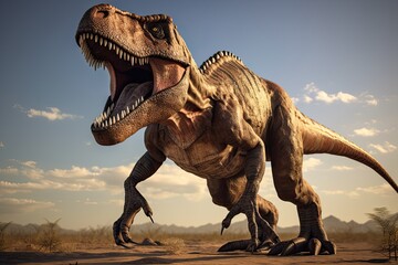 Dangerous Extinct Tyrant: 3D Illustration of a Giant Tyrannosaurus Rex from the Cretaceous Era Attacking with Bite and Claw. Generative AI