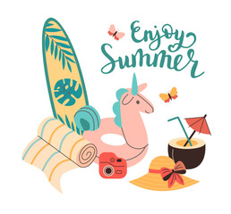 Summertime accessory. Vector illustration of surfboard, hat, cocktail, inflatable circle and lettering enjoy summer.