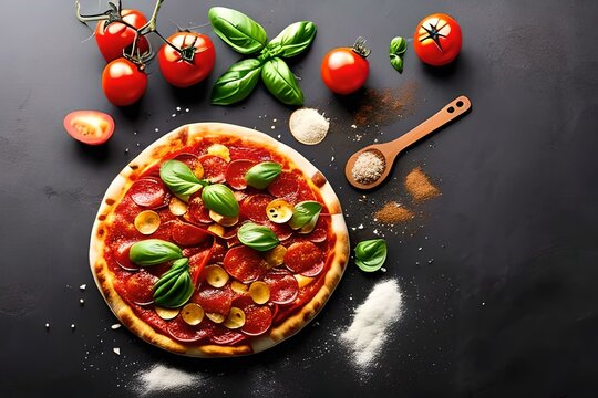 Tasty pepperoni pizza and cooking ingredients tomatoes basil on black concrete background. Top view of hot pepperoni pizza.  generative AI