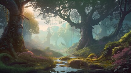 Fototapeta premium The Dawn of Magic: A Beautiful and Mysterious Deep Forest and Trees Illuminated in a Misty Fantasy Backdrop Concept Art Realistic Illustration, Generative AI