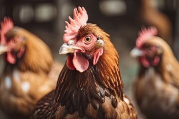 Striking Red Rooster Proudly Struts Across Farm: Poultry Animal with Brown Feathers and Comb-like Beak. Generative AI - obrazy, fototapety, plakaty