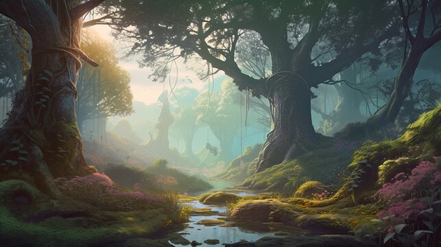 The Dawn of Magic: A Beautiful and Mysterious Deep Forest and Trees Illuminated in a Misty Fantasy Backdrop Concept Art Realistic Illustration, Generative AI