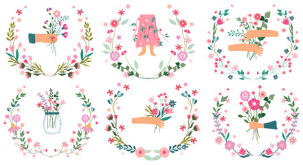 Bright compositions, a hand embracing a bouquet of wildflowers and a silhouette of a woman's skirt with flowers and leaves. Can be used as greeting cards, banners, cards, posters. Vector illustration.