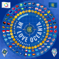 Obraz premium Set of icons of flags, currencies of the countries of Oceania in the form of a circle. Australasia, Polynesia, Micronesia and Melanesia. Vector illustration. 