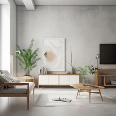 Minimal Nordic style livingroom space with modern concrete wall interior and big empty blank mockup frame on the wall inerior architect IA Generative