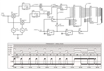 Schematic diagram of electronic device (demodulator). Vector drawing electrical circuit with 
integrated microchips, logic elements,  
oscilloscope, source signal and other electronic components.
