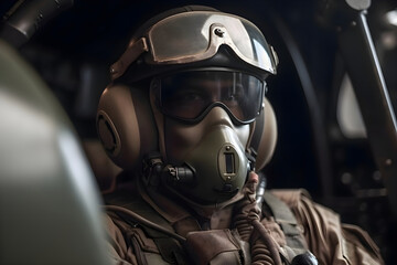 Military pilot in a helmet in the cabin, war in Ukraine, Generative AI