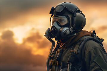 Military pilot on the background of the orange sky, war in Ukraine, Generative AI 1