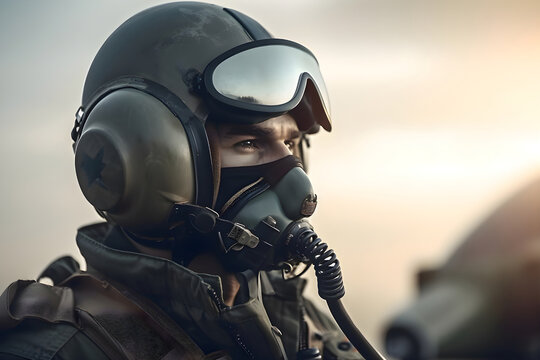 Military pilot in a helmet against the background of the sky, war in Ukraine, Generative AI