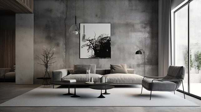 Minimal Nordic style livingroom space with modern concrete wall interior and big empty blank mockup frame on the wall inerior architect IA Generative